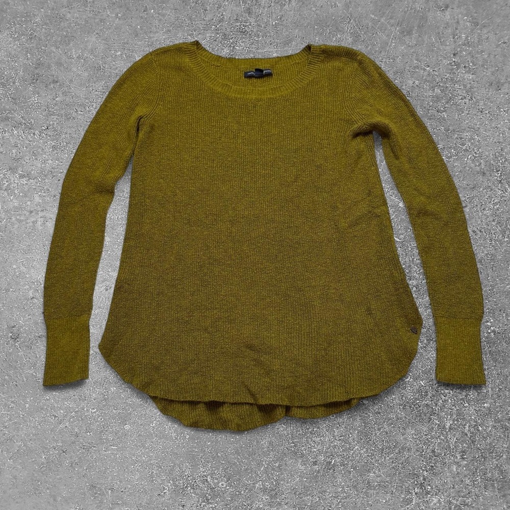 American Eagle Outfitters Olive Green Ribbed Long Sleeve Top Curved Hem Small